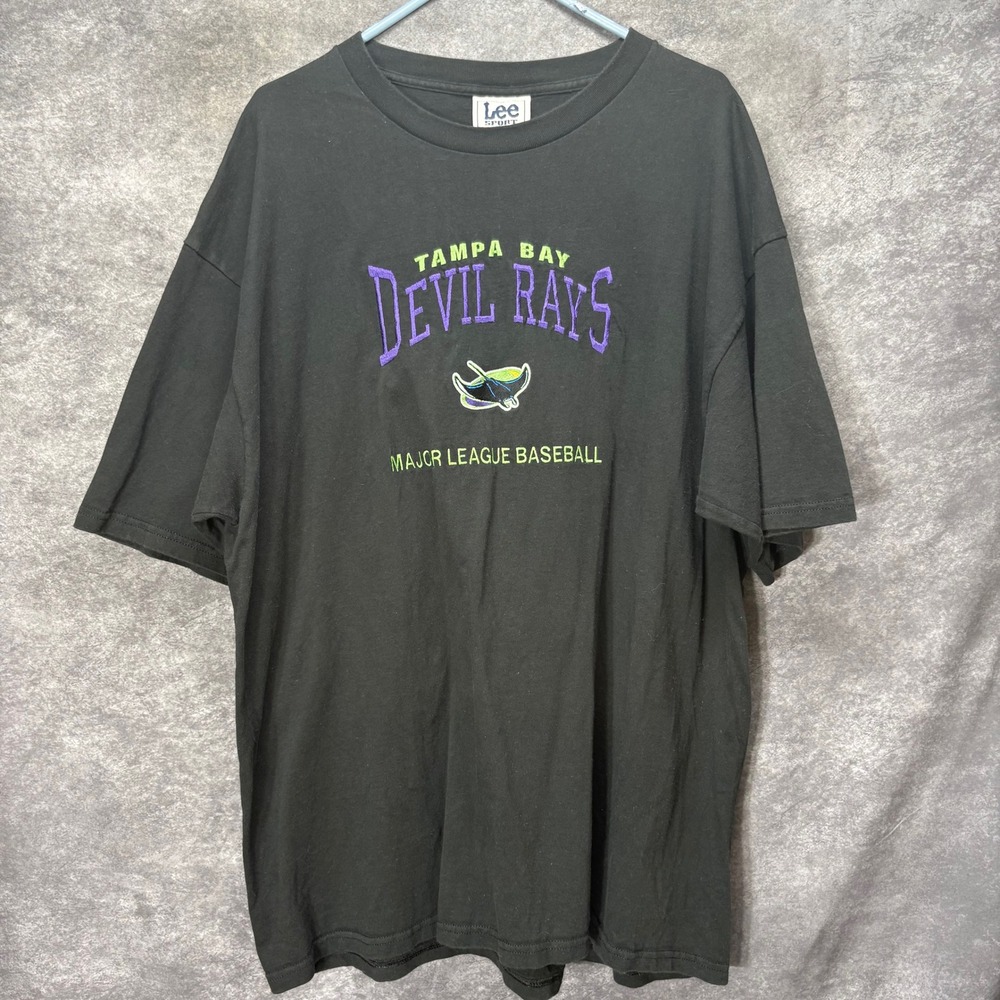 VTG Lee Sport Tampa Bay Devil Rays MLB T-Shirt Size 2XL Embroidered Black Nutmeg
